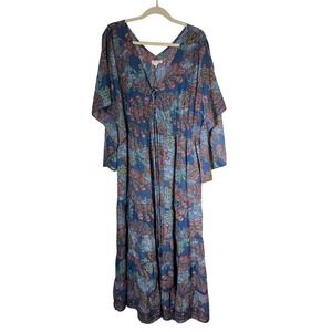Boemo Women XL Blue Paisley Boho Maxi Dress V-Neck Lace Up Smocked Tiered Skirt